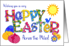 Easter Across the Miles with Eggs with Primroses and Floral Word Art card