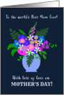 For Best Mom Ever Vase of Pretty Pink Blue and White Flowers on Dark card