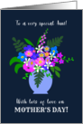 For Aunt Vase of Pretty Pink Blue and White Flowers on Dark Blue card