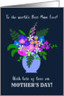 For Best Mum Ever Vase of Pretty Pink Blue and White Flowers on Blue card