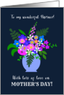 For Partner Vase of Pretty Pink Blue and White Flowers on Dark Blue card