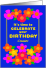 For Cousin Birthday With Fun Bright Smiley Flowers on Blue card