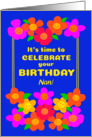 For Nan Birthday With Fun Bright Smiley Flowers on Blue card