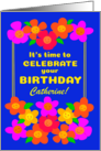 Custom Name Birthday With Fun Bright Smiley Flowers on Blue card