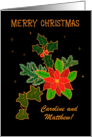 Custom Name Merry Christmas With Poinsettia and Holly card