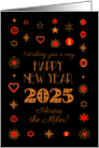 New Year 2025 with Gold Colored and Red Ornaments on Black card