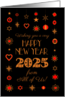 New Year 2025 From All of Us Gold Colored and Red Ornaments on Black card