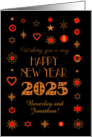 Custom Name New Year 2025 Gold Colored and Red Ornaments on Black card