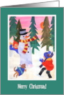 Christmas Greeting with Snowman and Children Snowballing card