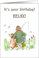Birthday for Man Fishing with Dog on Riverbank Blank Inside card