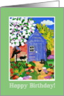 Birthday Spring Garden with Blue Shed Blossom Flowers Cat and Bird card