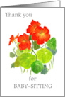 Thank You for Babysitting with Bright Red Nasturtiums card