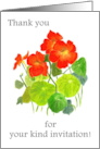 Thanks for Invitation with Bright Red Nasturtiums card