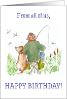 Birthday Wishes From All of Us with Man Fishing with Dog card
