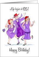 65th Birthday with Dancing Ladies in Purple and Red Wearing Hats card