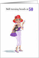 50th Birthday with Fun Lady in Red Sunhat with Cocktail and Pooch card