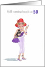 50th Birthday with Fun Lady in Red Sunhat with Cocktail and Pooch card