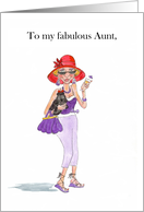 Aunt’s Birthday Lady in Red Sunhat with Cocktail and Pooch card