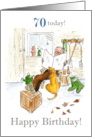 70th Birthday Greetings with Man and Dog in Garden Shed card
