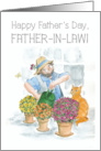 Father in Law Father’s Day Gardener with Cat and Flowers card