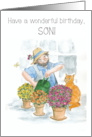 Son’s Birthday with Gardener in Greenhouse with Cat card