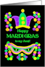 For Aunt Mardi Gras with Bright Beads Mask and Crown card