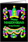 For Cousin Mardi Gras with Bright Beads Mask and Crown card