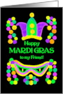 For Friend Mardi Gras with Bright Beads Mask and Crown card