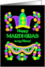 For Niece Mardi Gras with Bright Beads Mask and Crown card