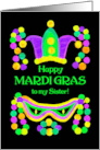 For Sister Mardi Gras with Bright Beads Mask and Crown card