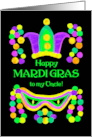 For Uncle Mardi Gras with Bright Beads Mask and Crown card