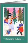 Custom Name Christmas Greeting with Snowman and Children Playing card