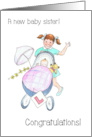 New Baby Congratulations with Girl Pushing Baby in Stroller card