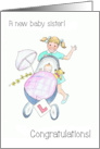 New Baby Congratulations with Girl Pushing Baby in Stroller card