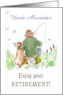 Custom Front Retirement Wishes for Uncle with Man Fishing with Dog card