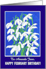 Custom Name Birthday Greetings with Snowdrops on Blue card