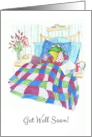 Get Well with Fun Green Frog in Bed Feeling Poorly card