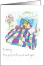 Custom Name Get Well with Fun Green Frog in Bed Blank Inside card