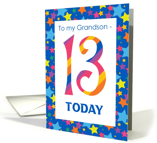 For Grandson 13th Birthday with Colourful Stripes and Stars card