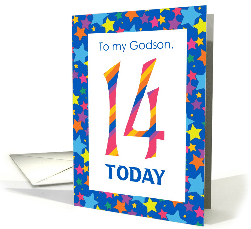 For Godson 14th Birthday with Colourful Stripes and Stars card