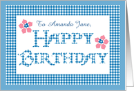 Custom Name Birthday with Blue Check Gingham Pattern card