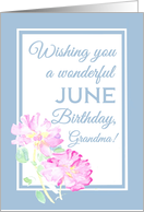 For Grandma Birthday with Pink June Roses and Blue Border Blank Inside card
