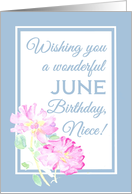 Niece’s Birthday Pink June Roses and Blue Border Blank Inside card