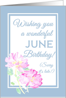 Belated Birthday with Pink June Roses and Blue Border Blank Inside card