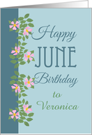 Custom Name June Birthday with Dog Rose Pattern. card