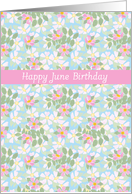 June Birthday with Pink and White Dog Roses on Blue card