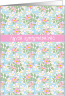 Birthday Card, Finnish Greeting, Pink Dogroses on Blue card