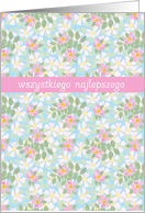 Birthday Card, Polish Greeting, Pink Dogroses on Blue card