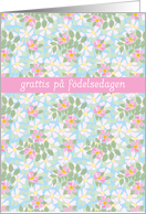 Birthday Card, Swedish Greeting, Pink Dogroses on Blue card
