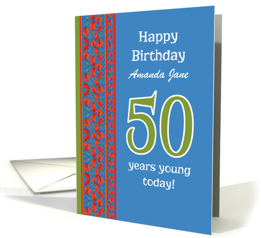 Custom Front 50th Birthday Red Field Poppies Border card (1312988)